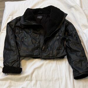 Black Faux Leather Sherpa-Lined Cropped Jacket